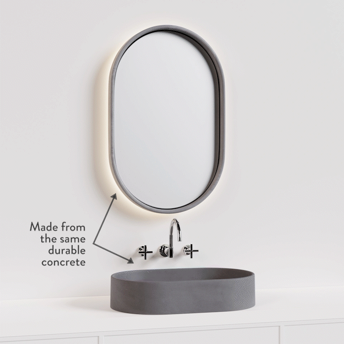 A matching set of the Eclipse Concrete Mirror and the Lunar Concrete LED mirror flicking through Blend Concrete Design's 13 concrete colours.