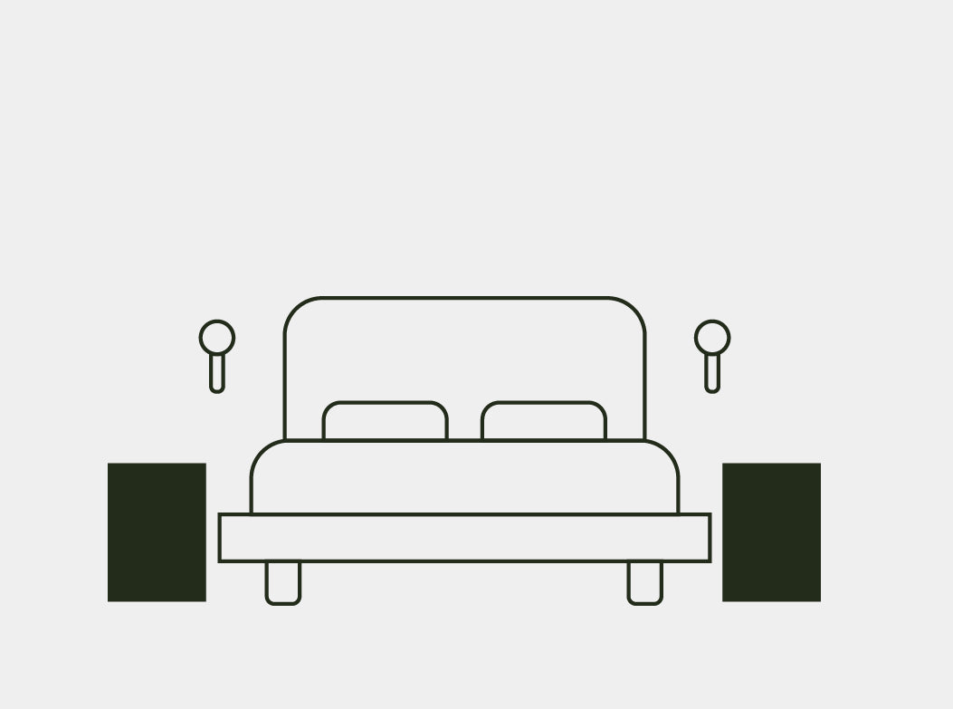 A line illustration of the Sahara Concrete Side Table used as a bed side table either side of a bed.
