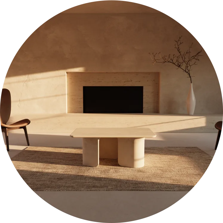 A whitehaven Tor Concrete Coffee table in a minimalist and vast living room in front of a fireplace.