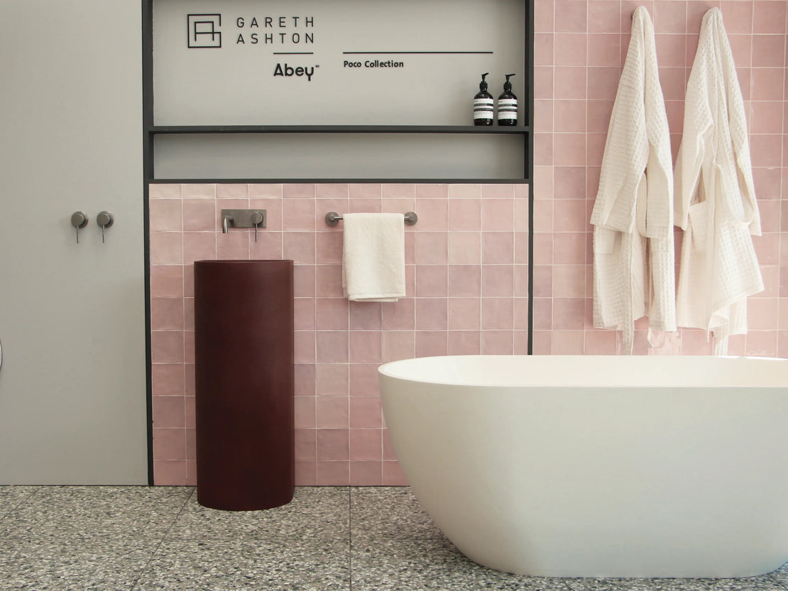 The Aurora Concrete Pedestal Basin in Merlot in the Abey Showroom in Sydney.