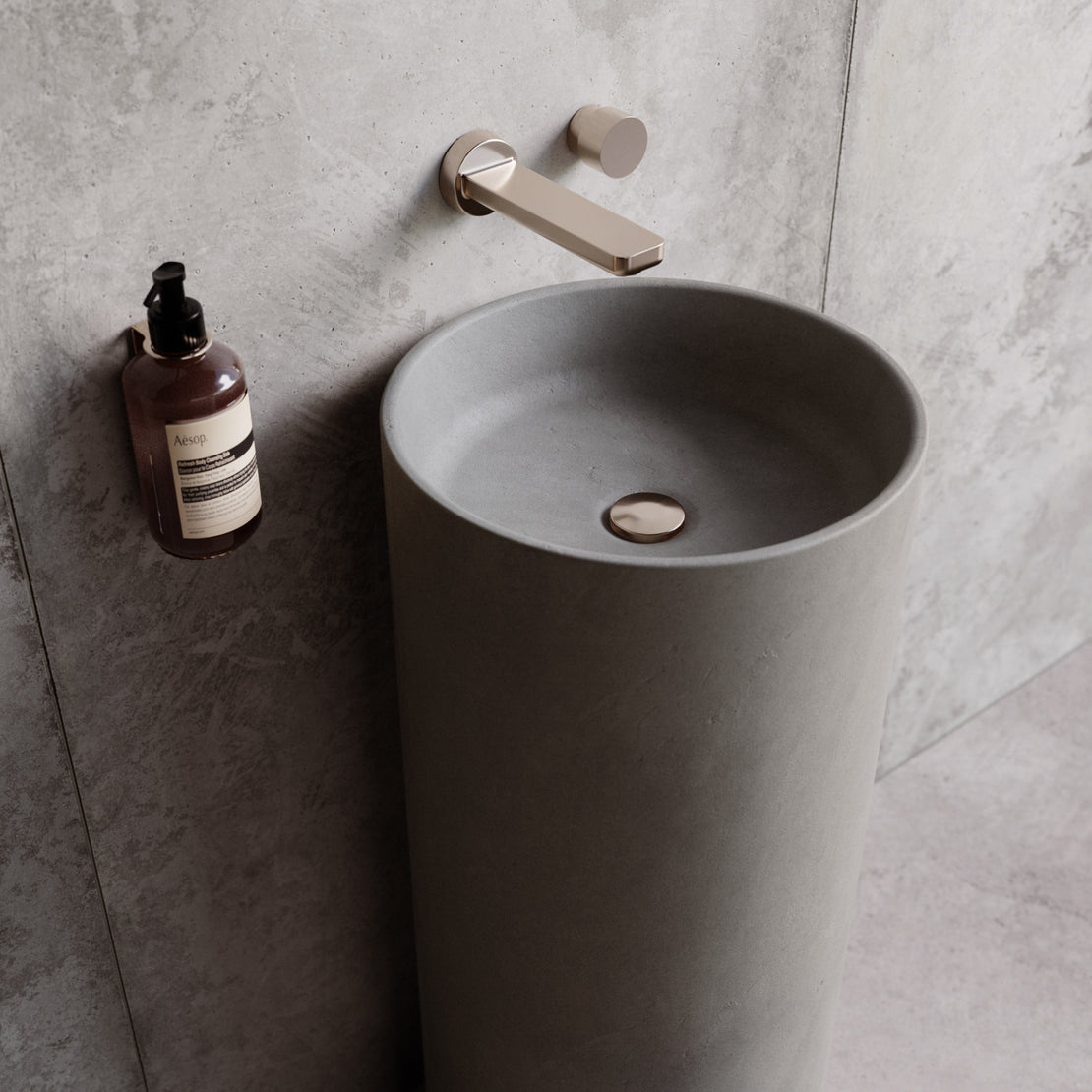 The Athena Concrete Pedestal Basin in an industrial style bathroom space.