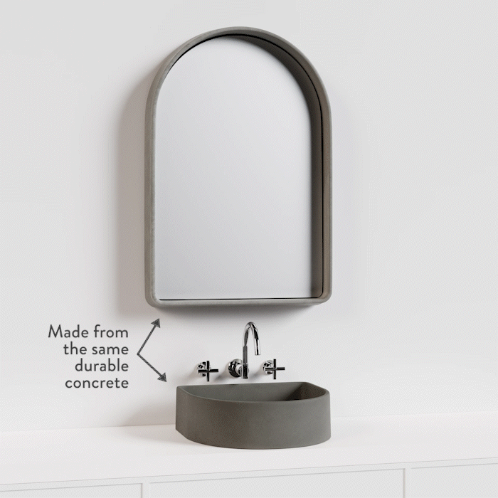 The Arc Concrete Mirror and the Crescent Concrete Basin rotating through the different concrete colours with the caption "made fr