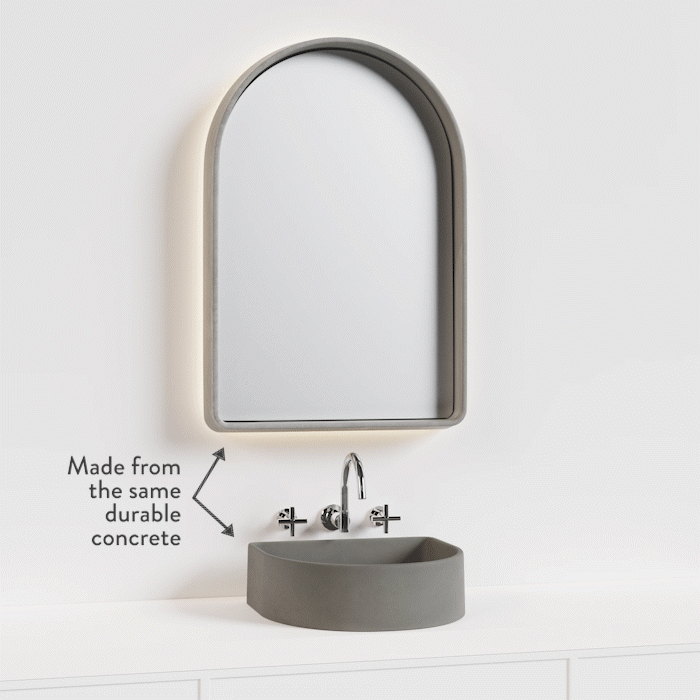 A set of the Crescent Concrete Basin and the Arc Concrete Mirror with LED Backlighting flicking through the different concrete colours.