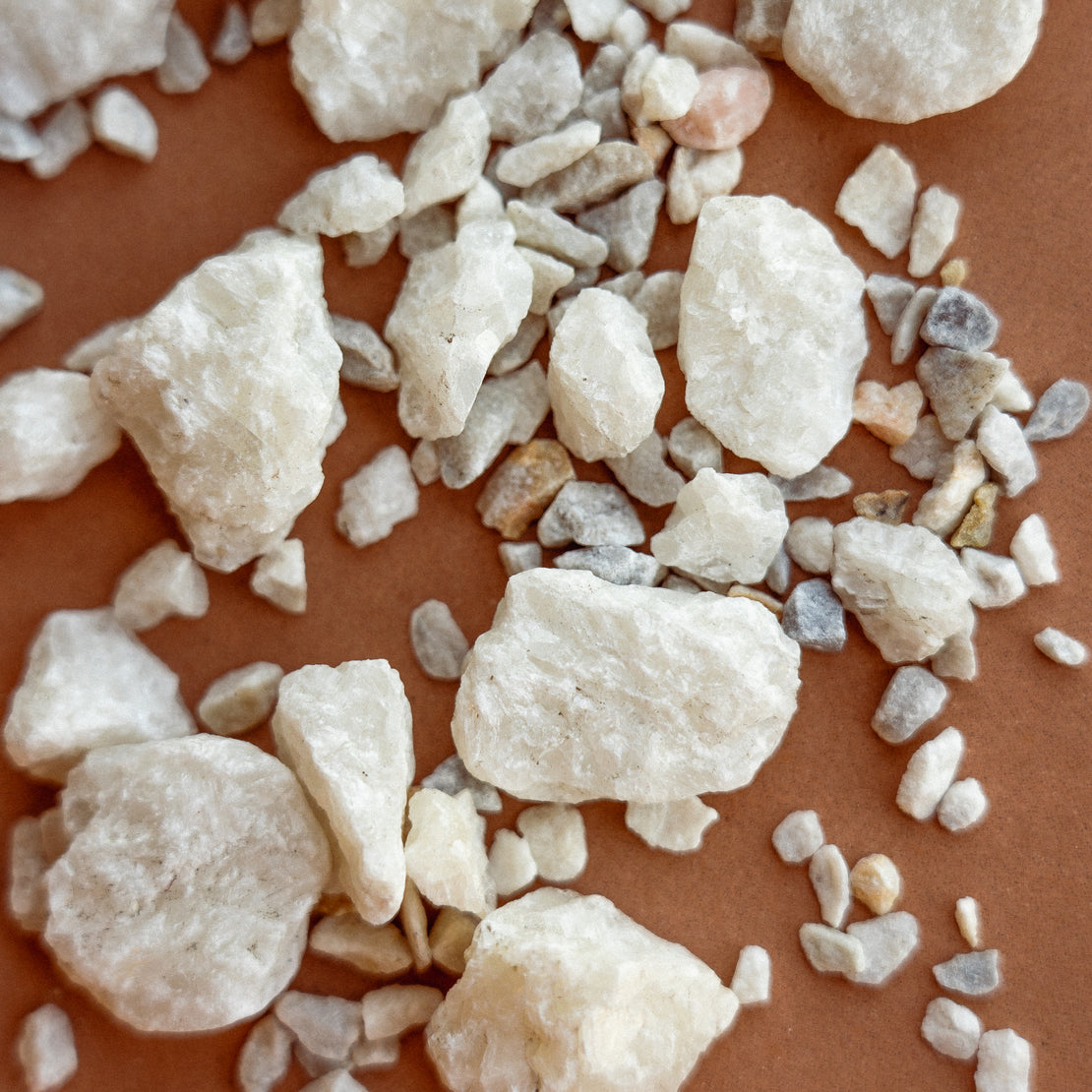 White aggregate mix scattered on a terracotta toned table.