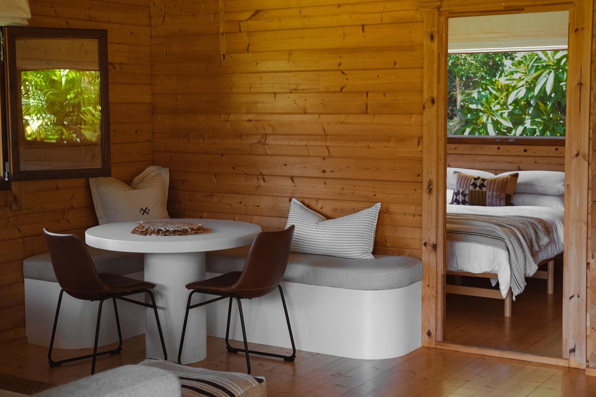 Cosy holiday accommodation at Yarrabee Place at the Sunshine Coast. Pictured in the room is the classic round small Tuscan Concrete Dining Table in Whitehaven.