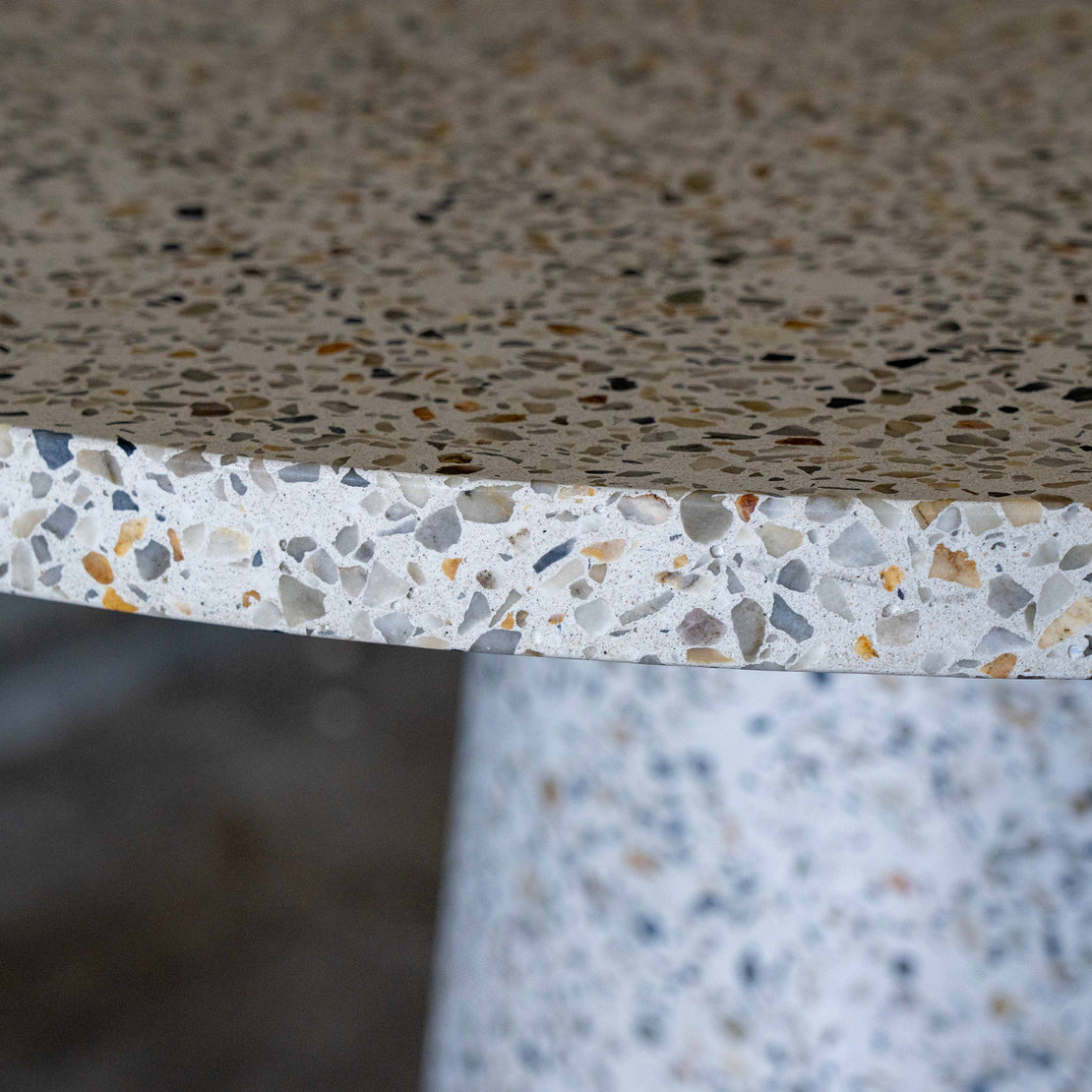 Close up image of a terrazzo table.