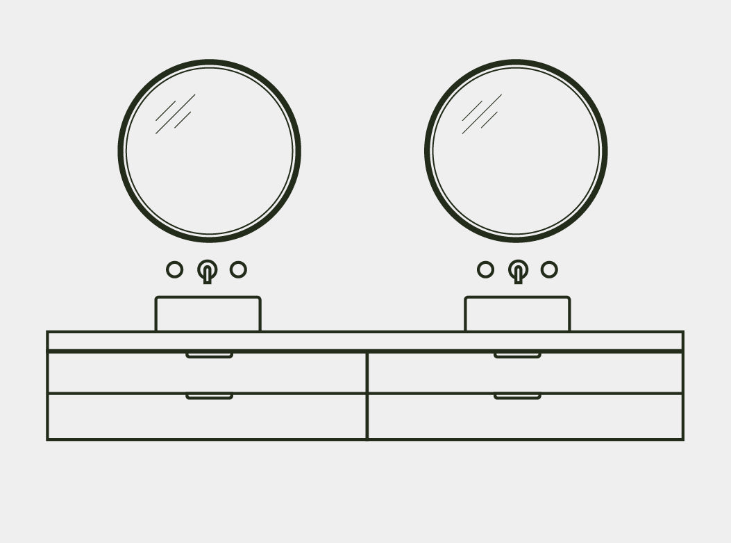 A line drawing of a bathroom vanity unit with two Comet Concrete Basins paired with two Sol Concrete Basins.