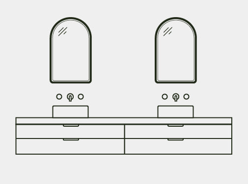 A line drawing of a bathroom vanity unit with two Comet Concrete Basins paired with two Arc Concrete Mirrors..