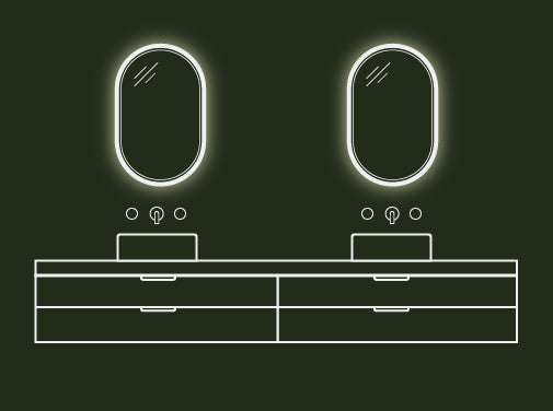 A line drawing of a bathroom vanity unit with two Comet Concrete Basins paired with two Lunar Concrete LED Mirrors..