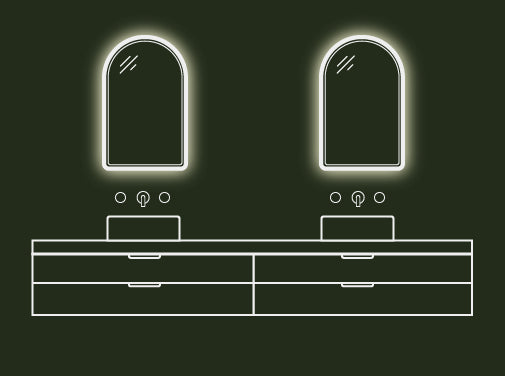 A line drawing of a bathroom vanity unit with two Comet Concrete Basins paired with two Arc Concrete LED Mirrors.