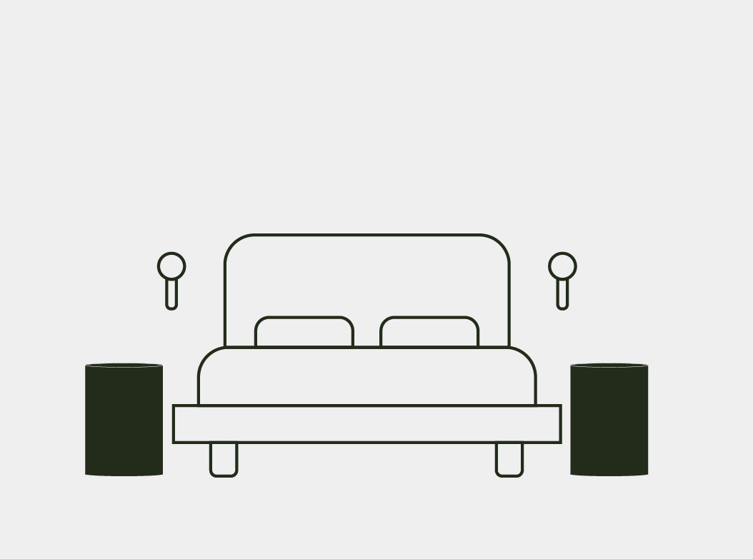 A line illustration of the Dune Concrete Side Table used as a bed side table either side of a bed.