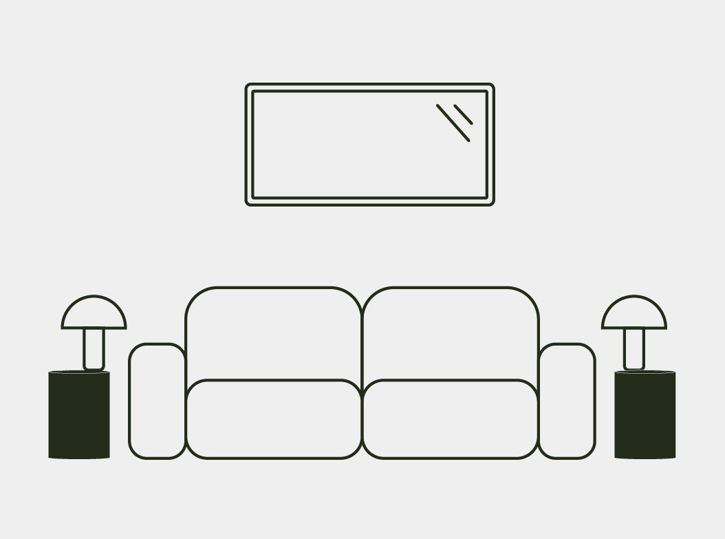 A line illustration of the Dune Concrete Side Table used as side tables next to a couch.