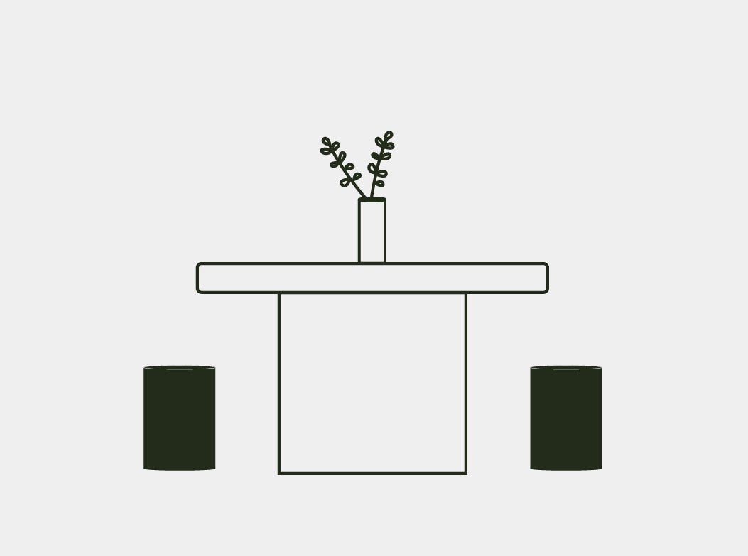 A line vector illustration of the Dune Concrete Side Table being used as stools next to the Tuscan Concrete Dining Table.