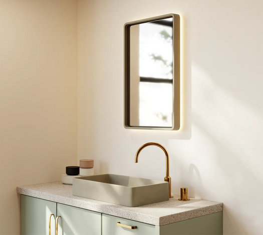 A Stellar Concrete LED Mirror and matching Horizon Concrete Basin in a playful contemporary bathroom.