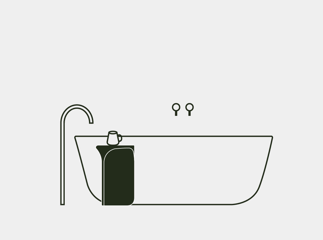 A line illustration of the Isle Concrete Side Table next to a bath with a mug resting on top.