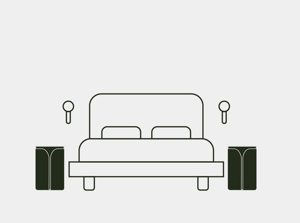 A line illustration of the Isle Concrete Side Table used as a bed side table either side of a bed.