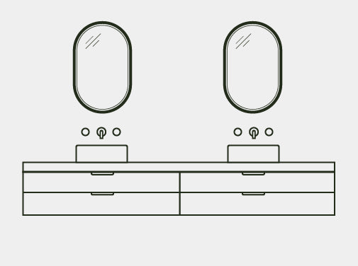 A line drawing of a bathroom vanity unit with two Comet Concrete Basins paired with two Lunar Concrete Mirrors.