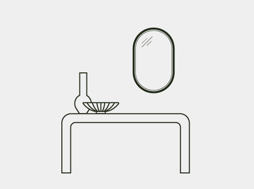 A line Drawing of a entryway console table with a Lunar Concrete mirror mounted on the wall behind.
