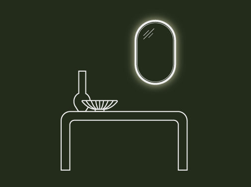 A line Drawing of a entryway console table with a Lunar Concrete LED Mirror mounted on the wall behind.