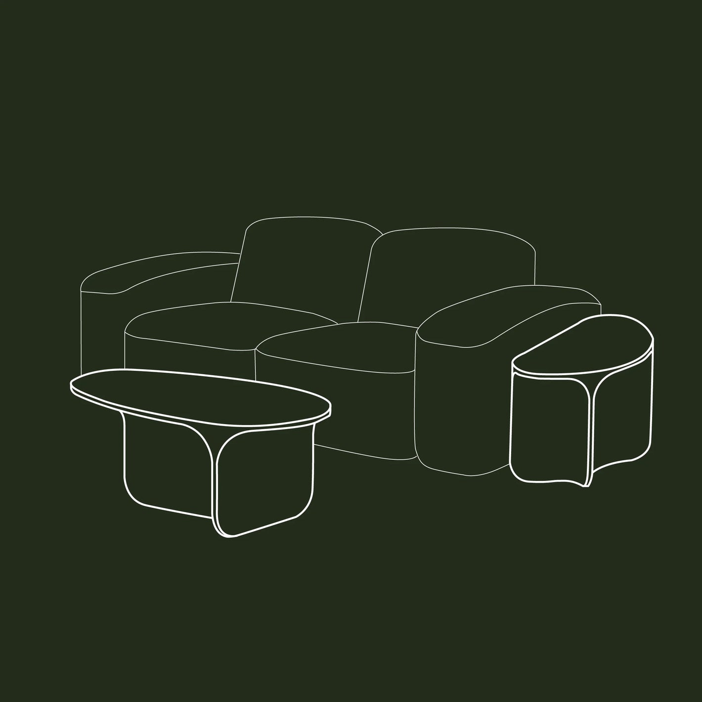Line work drawing of the Riviera Concrete Nesting Set in front of a couch. 