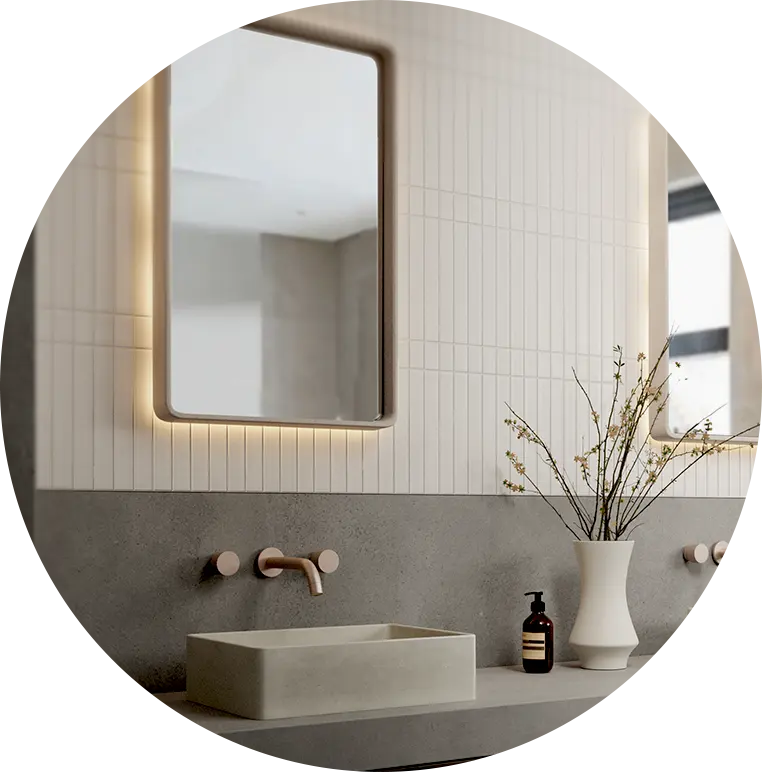 Nova Concrete Basin in a modern grey bathroom with a matching Stellar Concrete Mirror with LED backlighting.