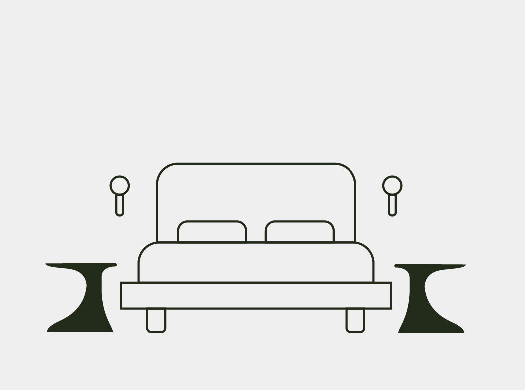 A line drawing of a bed and two Oasis Side Tables either side of a bed.