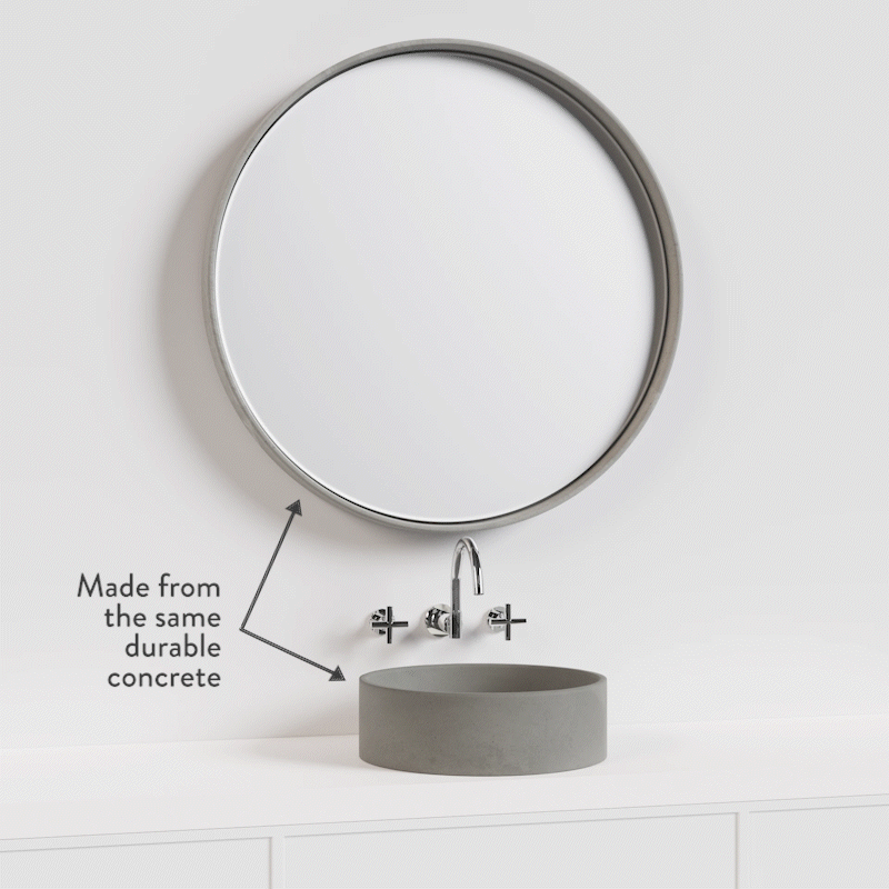 The Sol Concrete Mirror and the Comet Concrete Basin rotating through the different concrete colours with the caption "made from the same durable concrete"