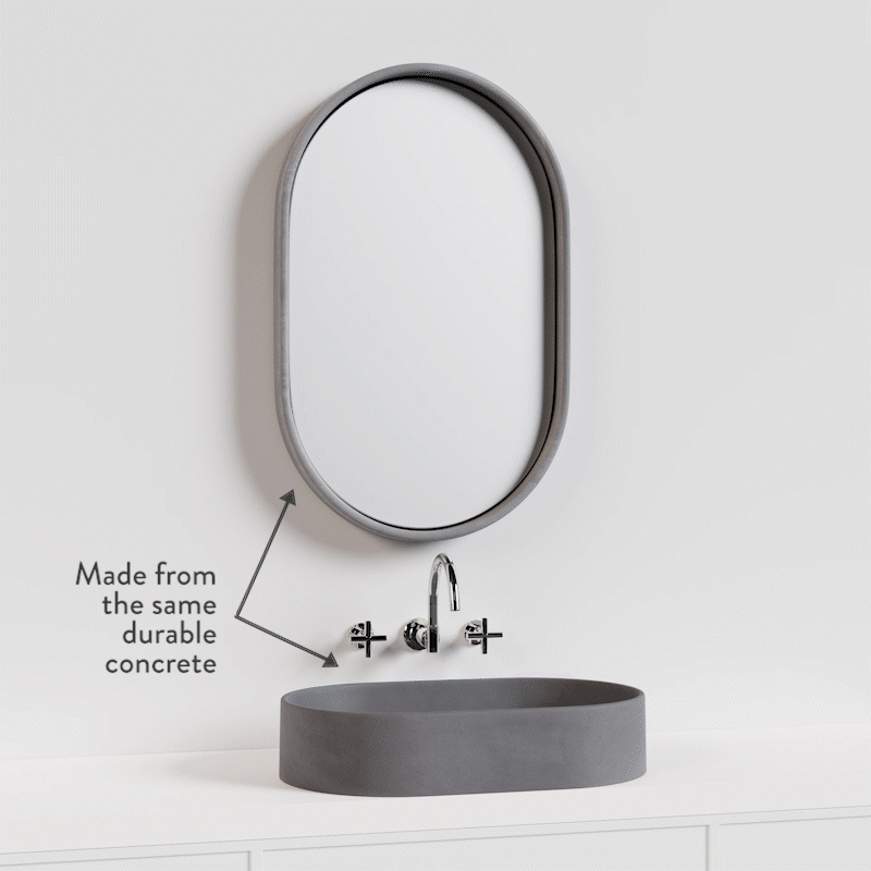 The Lunar Concrete Mirror and the Eclipse Concrete Basin rotating through the different concrete colours with the caption "made from the same durable concrete"