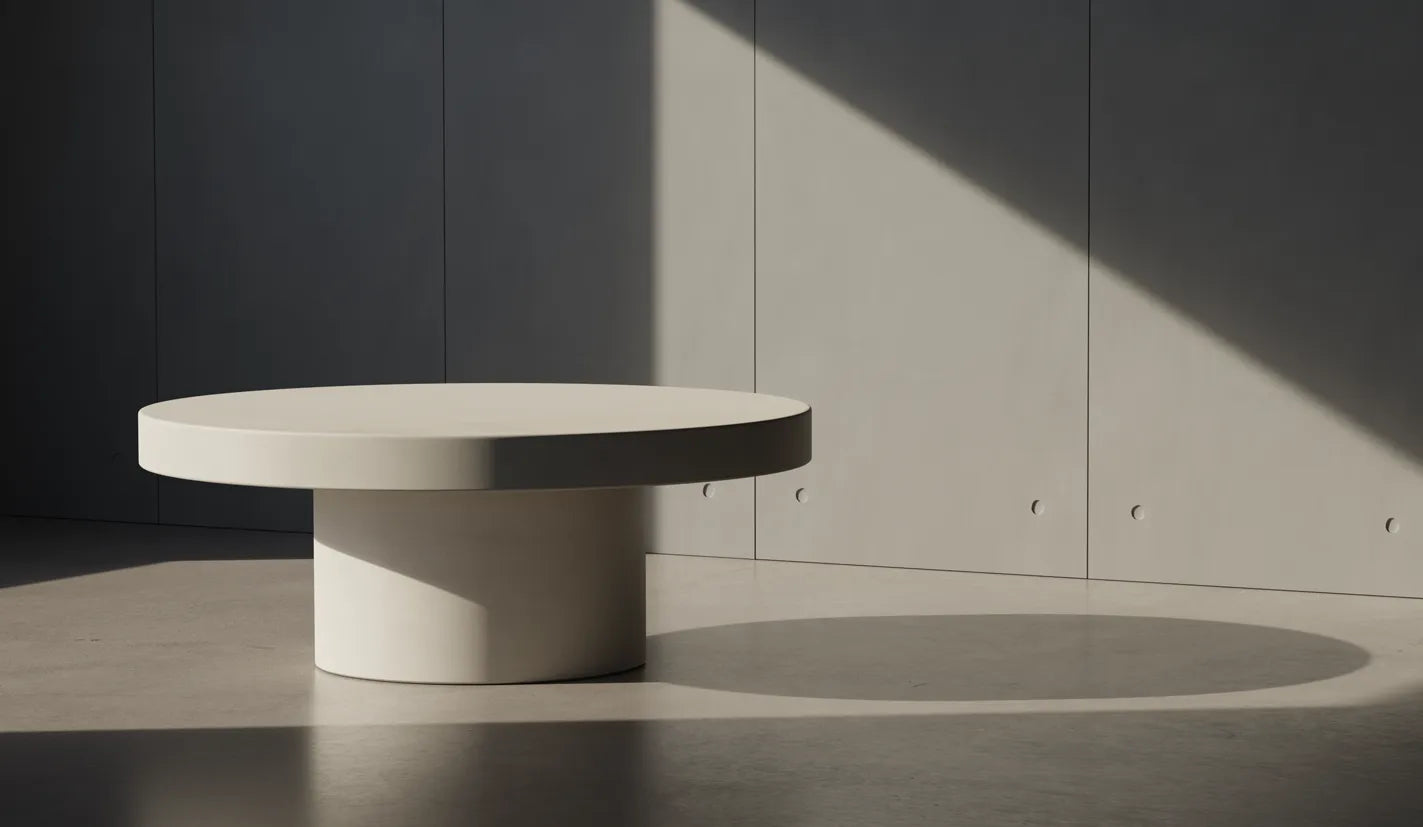 A Mist Grey round Concrete Coffee Table in front of a wall of concrete panels. 