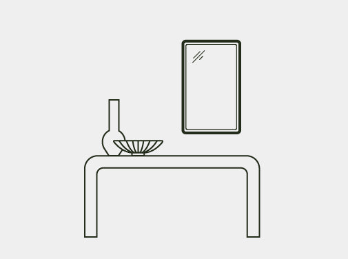 A line Drawing of a entryway console table with a Stellar Concrete mirror mounted on the wall behind.