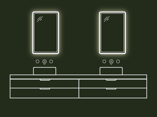 A line drawing of a bathroom vanity unit with two Comet Concrete Basins paired with two Stellar Concrete LED Mirrors..