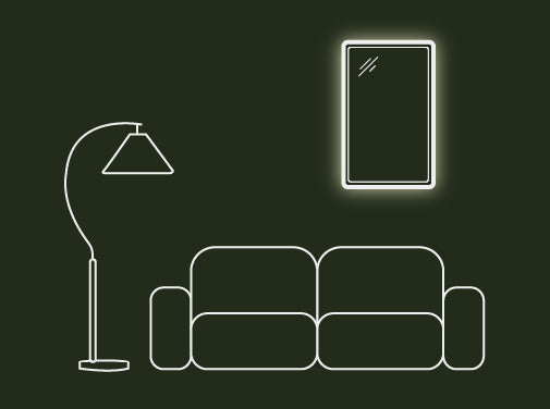 A line drawing of a stellar concrete led mirror in a living room with a couch.